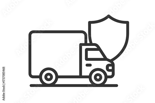 Minimalistic Van Truck with Shield Protection Icon, Delivery and Logistics Safety Concept, Secure Cargo Transport Pictogram for Web, App, Social Media, Banner Design, Vector Illustration