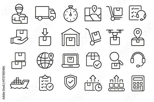Logistics and delivery icon set. Shipping thin line icons. Courier, express delivery, order tracking, warehouse, freight, supply chain management. Vector pictogram.