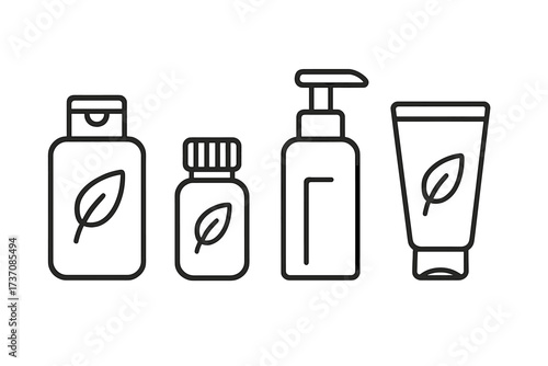 Natural cosmetic packaging icon set. Organic skincare beauty products. Line art vector illustration of shampoo, lotion, cream tube, dispenser, and jar with leaf symbol. Eco bio.