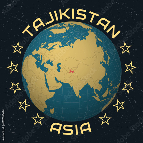 Tajikistan on Globe. Country name round text. Vintage look with grunge scratched texture. Country view on world map in Sky Blue Light Yellow color palette. Tajikistan shape on map.