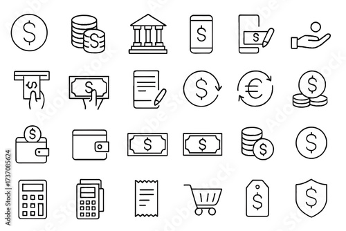 Money and payment line icons set. Financial and banking pictogram collection. Outline symbols for web and mobile apps. Includes dollar, coin, bank, wallet, investment. Vector.