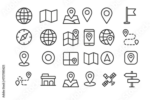 Navigation and location line icon set. Collection of 24 vector symbols for web and apps. Includes GPS, map, pin, route, compass, direction, pointer and destination concept.