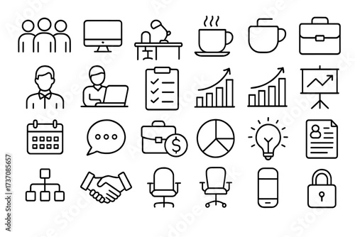 Set of 24 office and business line icons. Vector pictograms for web. Concepts of teamwork, workplace, finance, employee, management, presentation, growth, and coffee break.