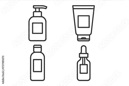 Cosmetic bottle line icon set. Skincare packaging vector collection. Lotion pump, cream tube, serum dropper and shampoo container outline. Beauty product symbol for web design.
