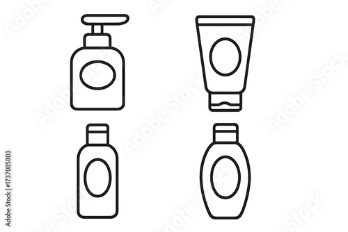 Cosmetic bottle outline icon set. Skincare tube, lotion dispenser, shampoo packaging symbol. Vector illustration for beauty, spa, dermatology. Hygiene product container mockup.