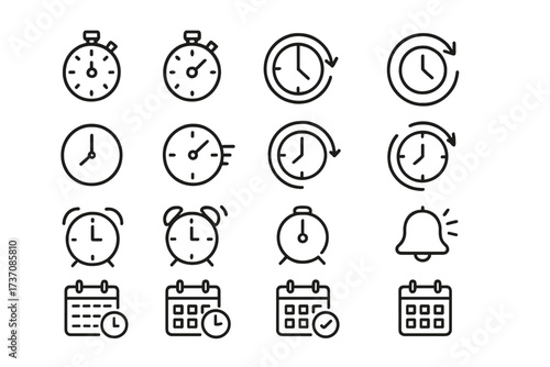 Set of time and clock line icons. Vector symbols for timer, speed, alarm, and calendar. Chronometer, stopwatch, reminder, schedule, and deadline concepts for web and UI.