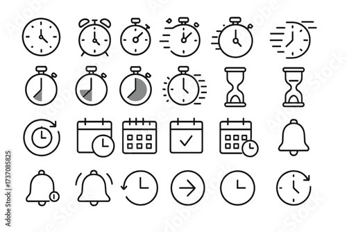 Time and clock line icon collection. Set of 24 vector illustrations for web and mobile. Includes concepts like timer, speed, alarm, calendar, stopwatch, schedule, deadline.
