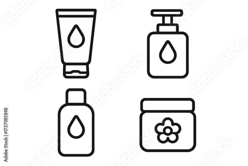 Cosmetic bottle outline icon set for beauty and skincare products. Vector illustration of cream tube, soap dispenser, lotion jar, and serum packaging. Line art for web and apps.