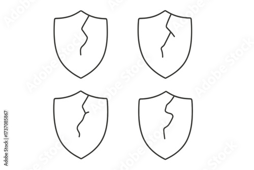 Cracked shield icon set. Broken security concept for vulnerability, risk, failure, and weak defense. Data breach and cyber attack metaphor. Unsafe protection symbol line vector.