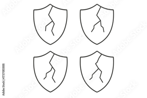 Broken shield icon set. A metaphor for vulnerability, danger, and risk. Unsafe concept of weak defense, security failure, data breach or loss. Cracked protection symbol.