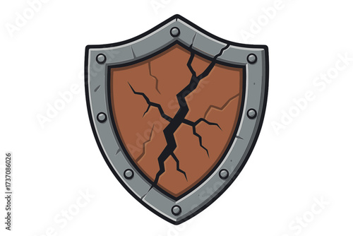 Cracked shield vector icon. Damaged defense symbol. Broken security concept. Medieval knight armor element. Fantasy game asset. Vulnerability metaphor. Cartoon illustration.