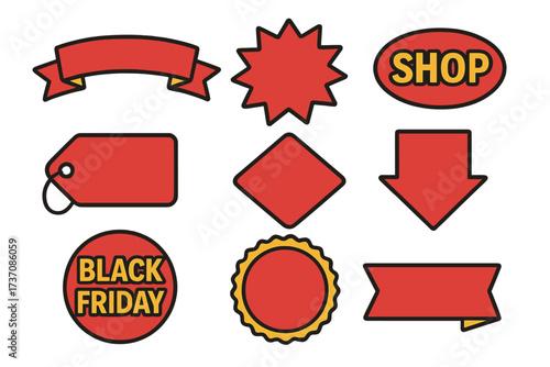 Set of sale badges and quality tags. Collection of red promotional labels and template banner elements for shopping. Special offer, discount, shop and Black Friday vector.