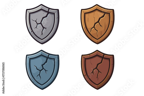 Cracked shield game asset set. Broken stone, wood, metal defense icon. Cartoon vector for UI. Low durability, damage, protection symbol. Armor level. Isolated illustration.