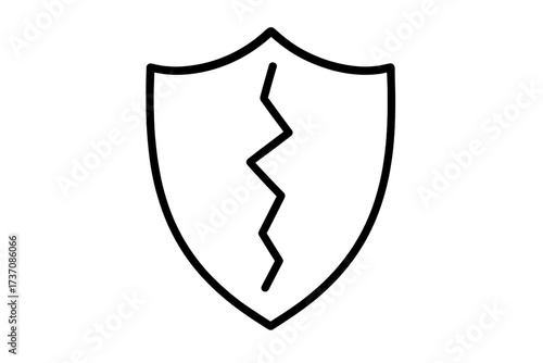 Cracked shield icon for weak security. Broken protection symbol. Metaphor for vulnerability, risk, data breach, danger. Unsafe, unprotected concept. Vector line illustration.