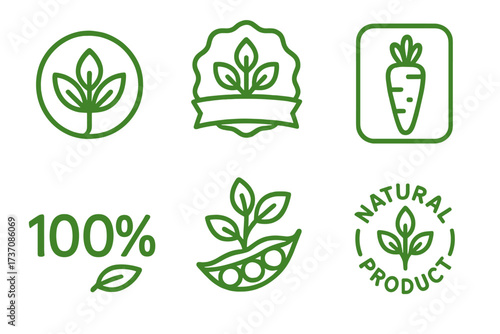 Set of vegan, organic, and natural food icons. Healthy, eco, and bio food labels. 100% plant-based logo collection for packaging, emblems, badges, and product stamps.