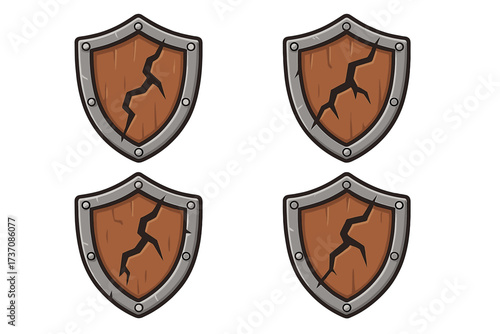 Cracked wooden shield vector icon set. Symbol of broken defense, vulnerability, data breach, and security failure. Damaged medieval protection emblem for game interface design.