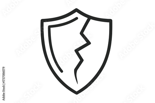 Cracked shield icon. Broken security symbol. Concept of vulnerability, risk, data breach, and failure. Unsafe protection pictogram. Vector illustration for web, app design.