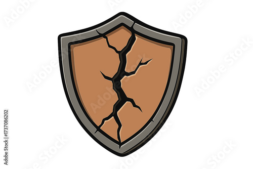 Cracked shield vector icon. Concept of vulnerability, broken protection, and security failure. Damaged defense symbol for data breach, risk, or error. Cartoon illustration.