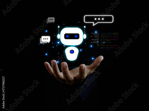 Hand holding digital AI chatbot hologram with futuristic technology, virtual assistant, and automation concept for customer support, communication service, and artificial intelligence innovation.