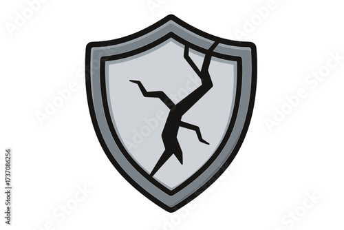 Cracked shield vector icon. Broken protection symbol. Concept of vulnerability, risk, insecurity, data breach, and failed defense. Cartoon line art illustration for websites and apps.