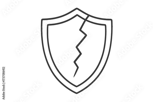 Cracked shield vector icon. Concept of vulnerability, insecurity, data breach, risk and failed protection. Minimalistic thin line art illustration for cybersecurity and safety ideas.