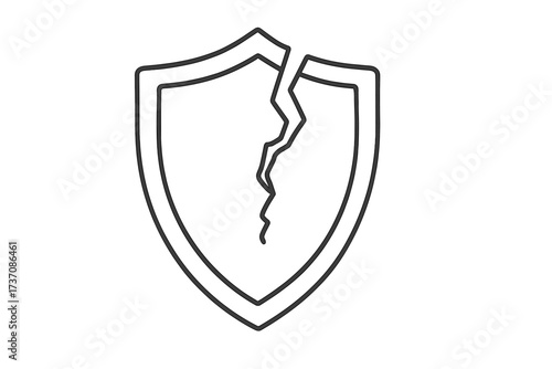 Broken shield icon. Cracked security symbol. Concept of vulnerability, risk, and data breach. Unprotected, unsafe, no defense. Thin line vector illustration. Damage concept.
