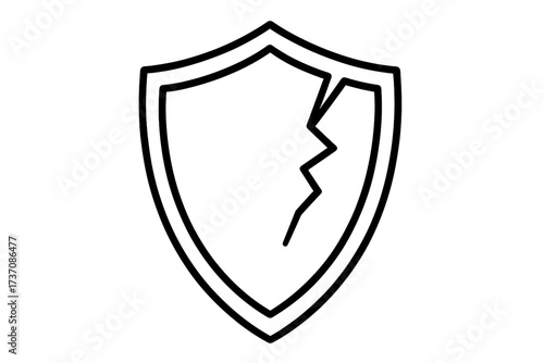 Cracked shield outline icon. Vector concept of vulnerability, broken defense, and security failure. Symbol of weakness, risk, and data breach. Unprotected concept illustration.