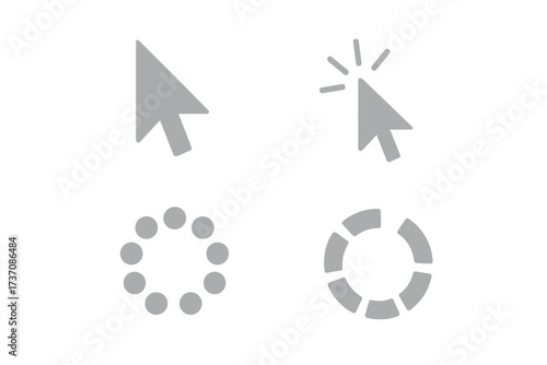 Cursor icon set. Computer mouse pointer arrow and click symbols. Loading, wait, and buffer progress circle icons. Vector graphic elements for web UI and user interface design.
