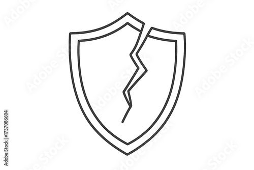 Broken shield icon. Metaphor for vulnerability, risk, and failed security. Cracked defense symbol. Data breach concept. Unsafe, no protection, danger sign. Thin line vector.