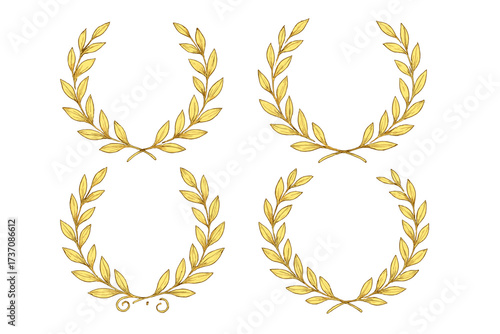Gold laurel wreath vector set. Hand-drawn vintage foliate branches for award, victory, and honor. Circular golden leaves create decorative frames and ornate design elements.