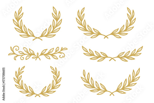 Set of gold laurel wreaths. Hand drawn vintage vector. Golden glitter texture. Award, victory, success symbol. Elegant decorative floral ornament dividers for certificate.