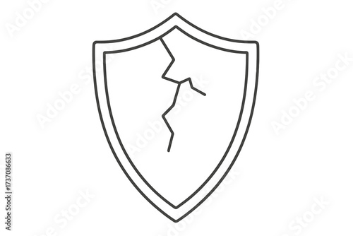 Broken shield icon. Cracked protection symbol. Security breach metaphor. Vulnerable defense concept. Damaged guard pictogram. Vector line art illustration. Thin line design.