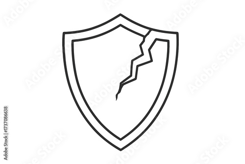 Cracked shield thin line icon. Concept of vulnerability, security breach, risk, and failure. Broken protection and defense symbol. Unsafe, danger, hacking, cyber attack.