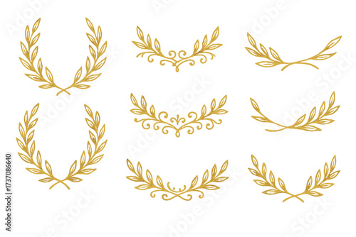 Gold laurel wreath vector set. Hand drawn golden glitter leaves, branches, and swirls for award or victory. Vintage floral ornament dividers for wedding invitation or certificate design.