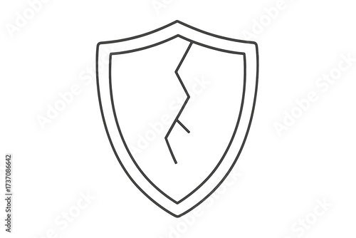 Metaphor for vulnerability, risk, danger, and insecurity. Cracked shield. Broken protection symbol. Failed security system concept. Data breach. Unsafe sign. Thin line vector.