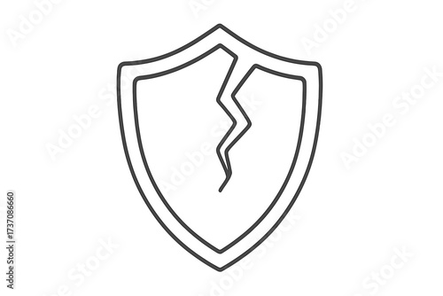 Cracked shield icon. Broken protection and safety symbol. Concept of vulnerability, risk, danger, and failed security. Unsafe, weak defense. Data breach or system error.