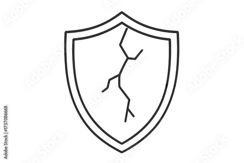 Cracked shield thin line vector icon. Symbol of vulnerability, broken protection, and security breach. Metaphor for data leak, risk, damage, weak defense, and system failure.