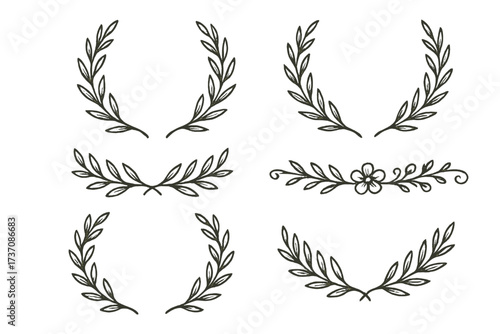 Hand drawn vector set of vintage laurel wreaths and branches. Flower ornament dividers collection with decorative leaves, swirls, and ornate floral elements for design.