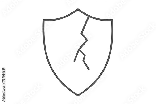 Cracked shield icon vector. Broken security symbol. Vulnerability and risk concept. Data breach, cyber attack metaphor. Unprotected, defense failure thin line illustration.