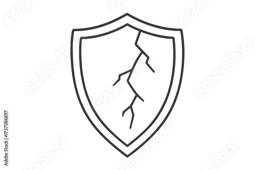 Broken shield icon. Cracked protection and safety symbol. Concept of vulnerability, risk, and data breach. Unsafe defense, weak security. Vector line art illustration.
