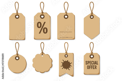 Set of vintage kraft paper sale tags. Collection of blank shopping labels and price templates. Special offer and discount percent sign. Vector illustration for retail promotion.