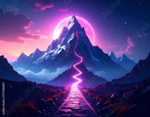 Mountain path to glowing moon