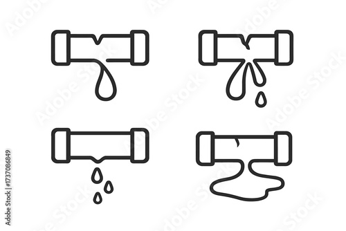 Leaking pipe vector icon set. Outline symbols for plumbing service, burst pipeline, water damage repair, and leakage problems. Broken tube with water drip, drop, and puddle.