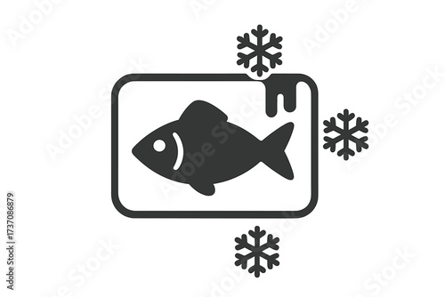 Frozen fish packaging icon. Deep freeze seafood product symbol. Cold storage fish fillet pictogram for grocery store, supermarket, and food industry. Vector graphic sign.