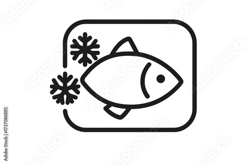 Frozen fish line icon. Seafood freezing symbol for packaging. Food storage instruction label. Cold temperature sign for fishery products. Minimalist vector illustration.