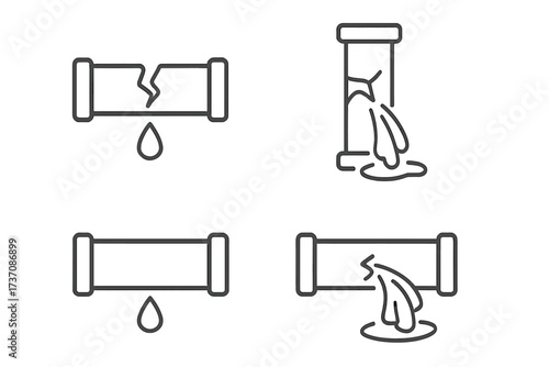 Broken pipe water leak thin line icon set. Vector illustration for plumbing problem, pipe burst, dripping, flow, and water damage. Concept for app, emergency service, repair.