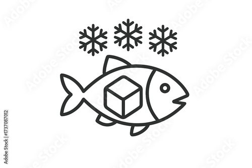 Frozen fish outline icon. Vector concept for seafood freezing, storage and packaging. Symbol of deep freeze product for grocery store, fish market, app, web design.