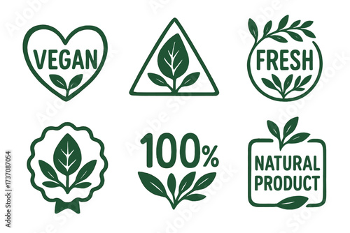 Vegan, eco, bio, organic food labels collection. Fresh, healthy, 100 percent natural product stamps. Green vector icons, emblems, and badges for sustainable packaging.