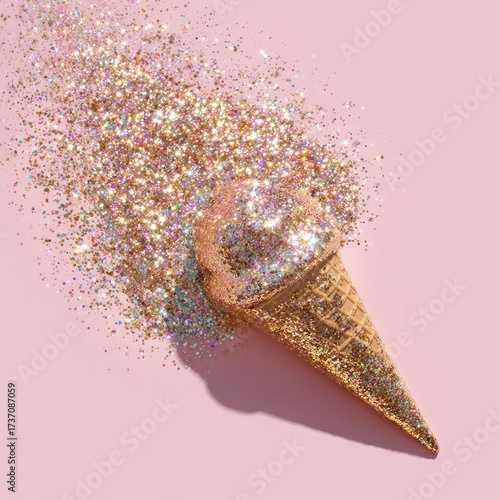 A golden glitter ice cream cone on a pink background with sparkles