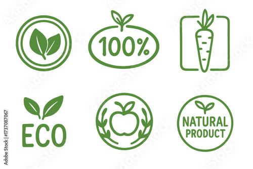 Set of vegan, bio, eco, organic food icons. 100 percent fresh, healthy, natural product labels. Vegetarian, gluten free emblems for packaging. Green leaf, carrot, apple logos.